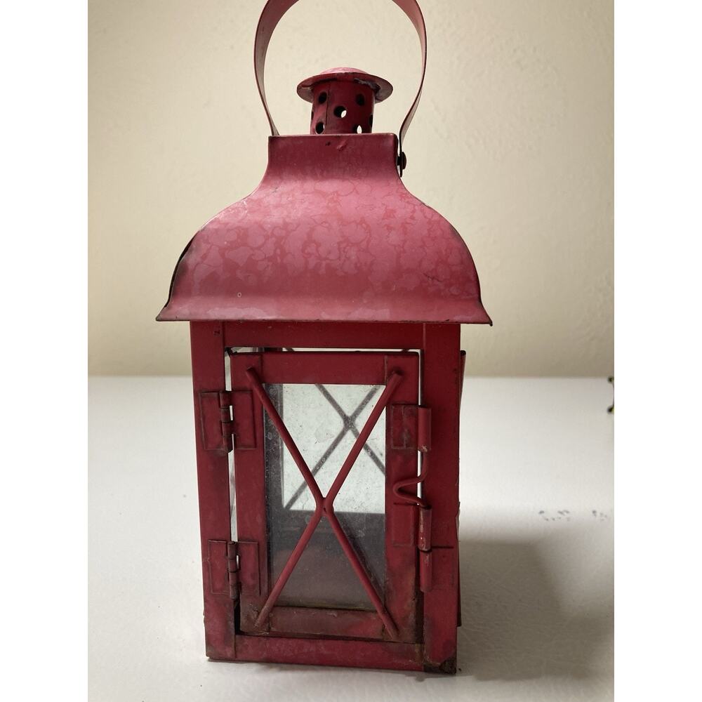 Red Rustic METAL & Glass CARRIAGE LANTERN TEALIGHT CANDLE HOLDER